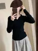 Suéter negro estilo japonés para mujer, estilo básico de otoño e invierno, corte ajustado, elástico, suave y acogedor, cuello polo, prenda interior de punto