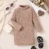 Vestido de Gola Alta para Meninas Outono Inverno Bebê Vestido Base Tricotado de Comprimento Médio Crianças Costela Grossa * Vestido Roupa Infantil