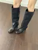 Versión de cuero~Botas altas cuadradas estilo coreano, botas de montar negras de tacón grueso, botas de moda adelgazantes, botas altas hasta la rodilla de tacón alto