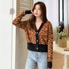 Blusas Curtas Novas de Primavera e Outono, Blusas Elegantes com Decote V, Cardigã Tricotado com Estampa de Leopardo, Roupa Exterior Feminina, Liquidação da Moda