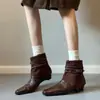 Versión de piel de oveja, aumento de 5 cm en la altura interior, botines retro de punta cuadrada para mujer, botas estilo Martin del páramo, botas de ajuste ceñido