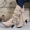 Botas Longas Transfronteiriças Outono Inverno Novo Femininas Amassadas Enrugadas Zíper Lateral Salto Alto Stiletto Emagrecedoras Versáteis Tamanho Plus Comércio Exterior Feminino