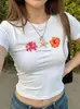 Camiseta Curta Estampada com Flor de Hibisco Estilo Y2K Branca para Mulheres, Corte Justo Gola Redonda Manga Curta Estilo Europeu e Americano Top de Férias