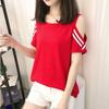 Camiseta de manga curta com decote redondo e cor sólida transfronteiriça 2021 Novo estilo coreano ombro a ombro slim slimming camiseta de manga curta feminina comércio exterior atacado