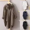 Explosiones Nueva Camisa Casual de Color Sólido para Mujer Otoño Algodón y Lino Cárdigan Bolsillo Doble Manga Larga Superior 7 Colores