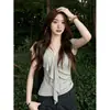Camiseta de manga corta con cuello en V, volantes irregulares y corbata, estilo retro francés de chica popular, para mujer, top de verano ajustado para mujer