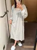 Primavera, verão, outono, doce e elegante, vestido de casa de algodão Tencel com caimento para todas as estações para mulheres, camisola doce de renda de manga comprida de comprimento médio com elástico de cabelo