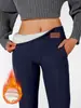 Nuevos Leggings de Lana de Cordero Transfronterizos para Mujer, de Cintura Alta con Bolsillos de Cuero, Forrados de Felpa de Invierno, Adelgazantes, Pantalones Deportivos para Yoga