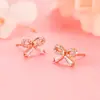 Pendientes dulces estilo japonés y coreano para mujer, pendientes de lazo microincrustados, pendientes simples de circón en oro rosa, pendientes, joyería