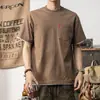 Camiseta Falsa de Dos Piezas de Manga Corta, Algodón Puro de Peso Pesado, Bloques de Color Bordados, Casual de Verano Estilo Americano con Bolsillo, Cuello Redondo, Holgada, Manga Media