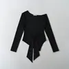 Atacado de Roupas Femininas Transfronteiriças Estilo Europeu e Americano Novas Camisetas Casuais de Manga Longa com Cordões para Apertar a Cintura e Efeito Emagrecedor Camisetas Assimétricas de Manga Longa
