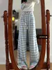 Pantalones casuales de cuadros azules para mujer, nuevos pantalones de pierna ancha versátiles de corte holgado y adelgazante en tallas grandes para tipos de cuerpo con forma de pera