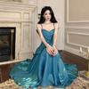 Vestido de sirena con tirantes y almohadillas en el pecho azules para ceremonias de adultos, banquetes de cumpleaños, novias, fiestas, vestidos largos.