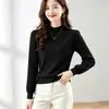 Camiseta base de color liso con cuello semi-alto y mangas farol, estilo de lujo ligero, elegante, para otoño e invierno, adelgazante, versátil, casual, jersey de punto acanalado de manga larga