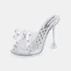 Sandalias transparentes para mujer, nuevo estilo de verano, punta cuadrada, de una tira, estilo francés de nicho, pantuflas de tacón alto de moda con cristal de strass