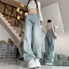 Jeans de Cor Clara de Perna Larga Feminino Outono 2024 Novo Plus Size Cintura Alta Dosagem Solto Emagrecimento Reto Calças Tendência