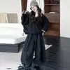Conjunto de Chaqueta Reversible para Niñas Otoño Nuevo Estilo Cortavientos a Cuadros Caña Plegable Pantalones de Pierna Curva de Mezclilla Conjunto para Niños Grandes