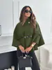 Amazon Transfronterizo Ropa de Mujer Europea y Americana Moda de Invierno Elegante Color Sólido Cintura Ajustable con Lazo Abrigo tipo Capa de Lana