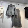 Elegante y de Alta Gama Top de Punto con Solapa, Botonadura Diagonal y Cordones + Falda Traje de Dos Piezas para Mujer Otoño e Invierno