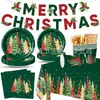 Juego de vajilla navideña con tema de árbol de Navidad verde y dorado, platos de papel, vasos de papel, mantel, banderines, artículos para fiestas navideñas