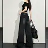 Calça Jeans Wide Leg com Cintura Alta e Cordão, Gradiente Preto e Cinza com Strass Brilhante, Efeito de Lavagem Vintage, Versátil, Emagrecimento, Comprimento Total