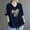 Camiseta de Manga Corta para Mujer de Comercio Exterior Transfronterizo, Verano Estampada Cuello en V Holgada Talla Grande Casual Elegante Tops para Mujer de Mediana Edad