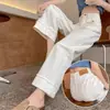 Jeans de Pierna Ancha de Color Sólido para Mujer Verano Pantalones Cortos 2026 Nuevos Casuales Sueltos Adelgazantes Patchwork Dobladillo Deshilachado Pantalones de Pierna Recta