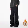 Pantalones de Paracaídas Plegados Engrosados con Forro de Polar Estilo Americano, Pantalones Negros Acampanados Casuales Sueltos Unisex de Invierno, Modernos