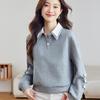 Sudadera Gris Falsa de Dos Piezas para Mujer, Nuevo Estilo Otoño 2025, Cuello Patchwork, Estilo Universitario, Top Holgado de Manga Larga