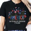250º Aniversário dos Estados Unidos Camiseta Escura Floral Patriótica 4 de Julho, 1776-2026 Camiseta de Flores Silvestres