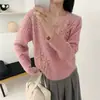 Suéter de punto de ganchillo con cuello en V, color liso, calado, versátil, corte holgado, manga larga, estilo francés, top casual de otoño estilo perezoso