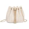 Bolso Cubo Tejido de Paja Nuevo de Otoño Bolso Pequeño para Mujer con Cadena Metálica Bolso de Playa de Moda Accesorios de Perlas Bolso de Moda
