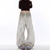 Jeans Scimitar Lavado Branco Pesado Retro Americano Tingimento Sujo Desconstruído Calças de Perna Larga Soltas Masculinas e Femininas Nova Tendência