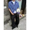 Camisa Xadrez Azul Retro Americana de Corte Limpo com Cordão de Manga Curta para Homens e Mulheres no Verão Versátil Top Curto Larga Retangular