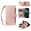 Adecuado para funda de cuero iPhone 17, Samsung A27 multifuncional billetera con cremallera de 9 tarjetas funda protectora cruzada, 16Pro color sólido