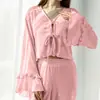 Cardigan de Encaje Cruzado Otoño Nuevo Fino con Cordones Traje de Pantalón de Manga Larga Casual y Cómodo Ropa para el Hogar Pijamas para Mujer