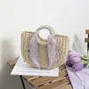Bolso Morado de Paja Fresco y Elegante con un Pequeño Pañuelo de Seda Floral, Bolso de Mano Tejido Semicircular para Vacaciones en la Playa