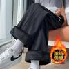 Calças largas forradas de lã femininas outono e inverno calças de veludo cotelê estreitas calças de arroz glutinoso cintura alta costura casual quente calças retas