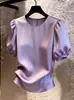 Blusa Roxo Estilo Simples com Manga Bufante e Gola Redonda para Mulheres 2026 Verão Nova Moda Elegante Emagrecedora e Rejuvenescedora