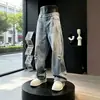 Calça Curva Rasgada com Manchas de Tinta Azul para Homem, Calça Reta Lavada Vintage Vibe, Calça Jeans Wide-Leg Tendência Estilo Americano