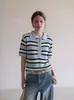 Blusa Camiseta de Malha Ice Silk com Gola Polo Listrada Estilo Costeiro Urbano para Mulheres, Top Curto Respirável de Manga Curta para o Verão