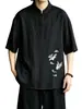 Camiseta de hombre estilo chino con bordado de grulla, corte holgado, manga tres cuartos, delgada, estilo Tang, camiseta de verano retro para hombre, manga corta bordada