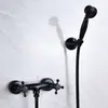 Grifo de bañera estilo europeo y americano de cobre negro bronce, ducha de boquilla pequeña, juego de ducha simple caliente y fría, bañera de barril de madera