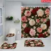 Juego de Cuatro Piezas de Cortina de Ducha y Alfombrilla de Baño con Diseño de Flores y Plantas Transfronterizas para Baño del Hogar, Cortina de Ducha Divisoria de Separación Seca y Húmeda, Cortina de Ducha Impermeable