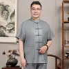Traje Tang Delgado de Manga Corta para Hombre Estilo Chino 2026 para Personas de Mediana Edad y Mayores, Conjunto Botonado de Manga Corta con Cuello Mao, Atuendo de Verano para Personas Mayores