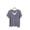 Camiseta de manga corta con cuello en V y diseño falso de dos piezas para mujer, verano nuevo, simple, alta elasticidad, suave, top tipo máscara, venta al por mayor para mujer