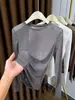 Gris Delgado Pequeño Cuello Redondo Malla Base Superior Mujer Manga Larga 2026 Nuevo Lentejuela Hueco Elegante Ropa Interior Encaje Mujer