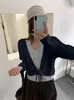 Colete Patchwork Azul e Cinza Suave Muyag com Gravata Falso Conjunto de Duas Peças Cardigã de Tricô Suéter Falso Oversized Feminino