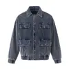 Chaqueta de trabajo de pana retro americana desgastada para hombre con diseño de botón metálico, múltiples bolsillos y un corte holgado único
