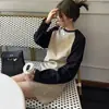 Sudadera Larga de Contraste Estilo Perezoso de Principios de Otoño Falda Diseño de Combinación de Colores de Nicho para Mujer Vestido Camiseta Grueso Holgado Adelgazante